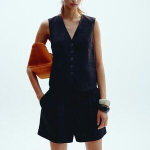 Zara Women's Tailored Linen Blend Vest Black Button Waistcoat Chic Size Medium